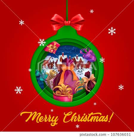 Christmas paper cut greeting card with holiday bauble, gifts and winter town. Vector double exposition xmas tree 3d toy ball with snowy city, Santa gifts bag, present boxes, festive street and houses 107636031