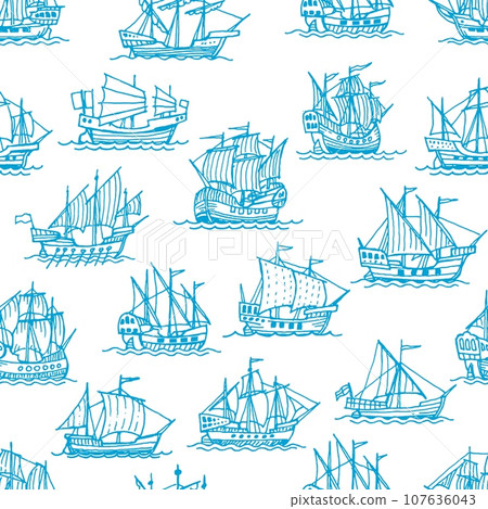 Vintage sail ships and sailboats, old vessels seamless pattern, vector background. Retro frigates and marine sail ships in blue sketch line pattern, sailboats or brigantine caravels on sea waves 107636043