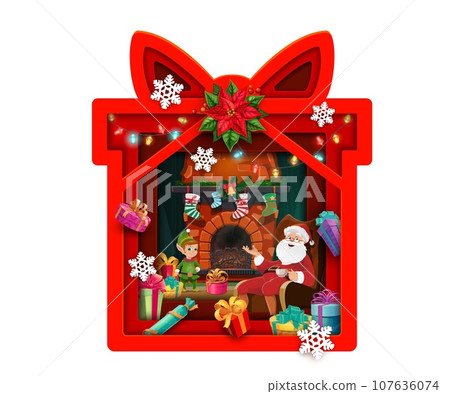 Christmas paper cut present box and Santa in chair, double exposition. Vector 3d layered frame in shape of gift with bow and funny Father Noel drinking tea near fireplace at holiday eve night 107636074