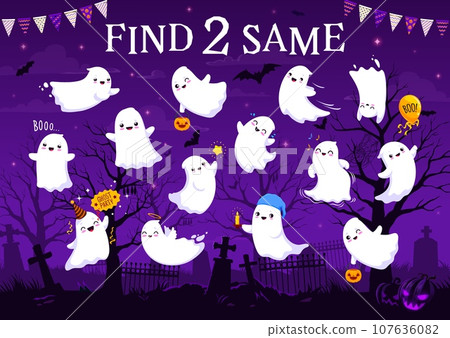 Kids game, find two same kawaii Halloween ghosts vector worksheet. Trick or treat holiday horror night monsters characters matching puzzle quiz. Cartoon ghosts on midnight cemetery background riddle 107636082