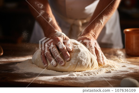 Male hands kneading dough on a wooden board in the kitchen 107636109