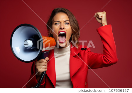 woman making an announcement on megaphone 107636137