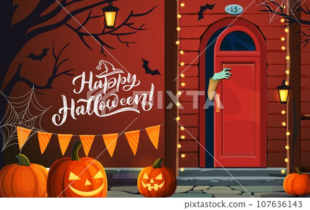 Halloween porch and door with zombie hand. Vector cottage front yard with festive decorations. Jack lantern pumpkins, spooky bats, and garlands on terrace with creepy arm emerge from the doorway frame Halloween porch and door with zombie hand. Vector cottage front yard with festive decorations. Jack lantern pumpkins, spooky bats, and garlands on terrace with creepy arm emerge from the doorway frame 107636143