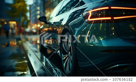 Modern car in the city at night. Rear view. 3d rendering Modern car in the city at night. Rear view. 3d rendering 107636182
