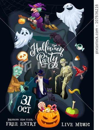 Halloween paper cut party flyer with holiday characters. Vector trick or treat night horror ghost, witch, zombie, mummy, wizard cartoon personages in 3d frame with papercut borders, pumpkin, candies Halloween paper cut party flyer with holiday characters. Vector trick or treat night horror ghost, witch, zombie, mummy, wizard cartoon personages in 3d frame with papercut borders, pumpkin, candies 107636216