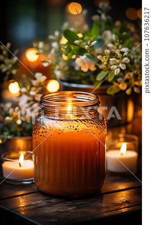 Closeup of burning candles spreading aroma on table Closeup of burning candles spreading aroma on table 107636217