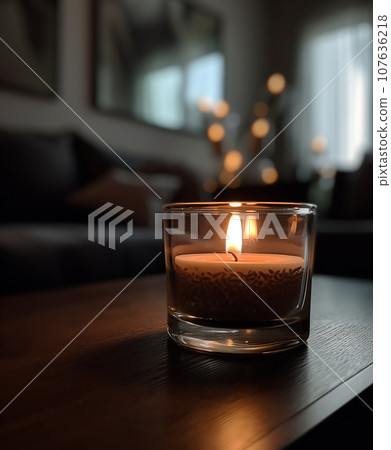 Closeup of burning candles spreading aroma on table Closeup of burning candles spreading aroma on table 107636218