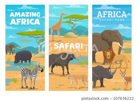 Safari hunting or African animals park, hunter sport vector banners with elephant and zebra. Hunt season in African savanna for wild hippopotamus, antelope and lion with cheetah or buffalo ox 107636222
