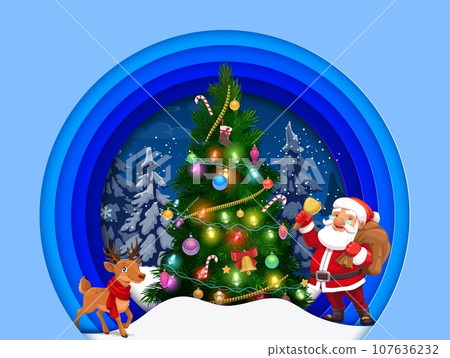 Christmas paper cut greeting card with cartoon Santa and reindeer near pine holiday tree. Vector Xmas and New Year gifts, Santa Claus character and deer with Christmas tree in 3d layered origami frame 107636232