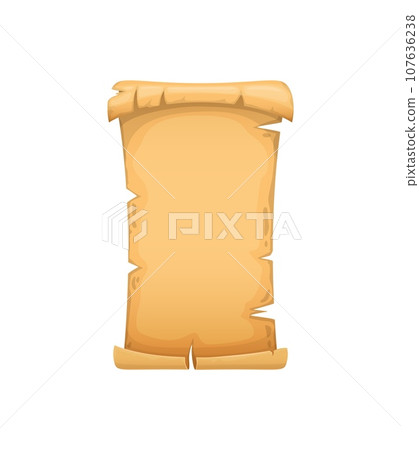 Antique papyrus, vintage paper scroll, old manuscript, ancient treasure map parchment. Antique manuscript document background, parchment scripture or papyrus ripped scroll vector cartoon frame Antique papyrus, vintage paper scroll, old manuscript, ancient treasure map parchment. Antique manuscript document background, parchment scripture or papyrus ripped scroll vector cartoon frame 107636238