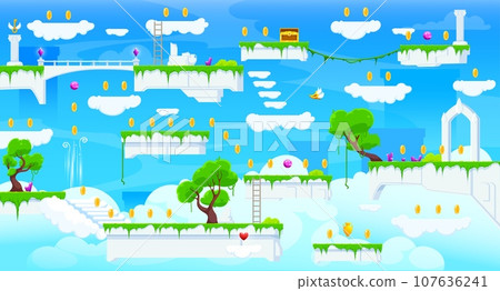 Arcade game level map with ice platforms, ladders and fluffy clouds in blue sky heaven, vector background. Cartoon game level map with platforms of ice rocks and green trees with golden coins rewards Arcade game level map with ice platforms, ladders and fluffy clouds in blue sky heaven, vector background. Cartoon game level map with platforms of ice rocks and green trees with golden coins rewards 107636241