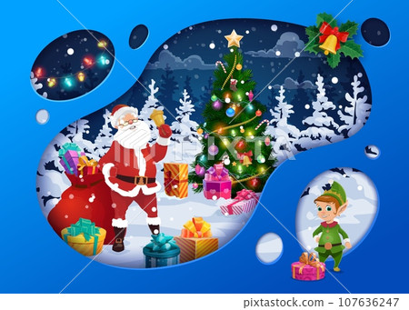 Christmas paper cut landscape with presents on snow, Santa with bell and elf. Vector Noel and gnome near decorated holiday pine tree in night wood. 3d layered effect card with funny Xmas personages Christmas paper cut landscape with presents on snow, Santa with bell and elf. Vector Noel and gnome near decorated holiday pine tree in night wood. 3d layered effect card with funny Xmas personages 107636247