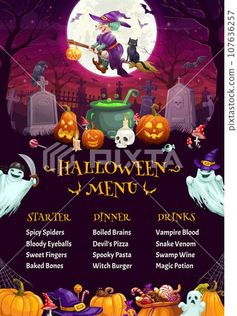 Halloween holiday menu vector template with cartoon ghosts, witch and pumpkin characters on cemetery landscape background. Trick or treat horror night monsters personages, restaurant menu flyer Halloween holiday menu vector template with cartoon ghosts, witch and pumpkin characters on cemetery landscape background. Trick or treat horror night monsters personages, restaurant menu flyer 107636257
