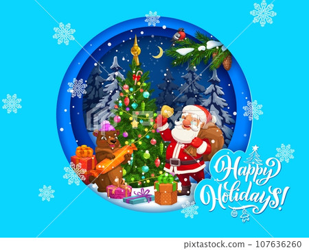 Christmas paper cut greeting with cartoon Santa and bear characters near holiday pine tree. Vector 3d effect card with layered frame, Father Noel and funny animal near decorated spruce in night wood 107636260