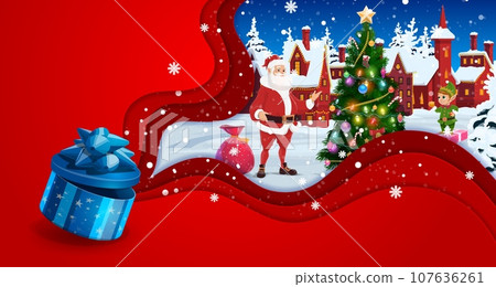 Christmas paper cut greeting card. Gift box, winter snowy town and Santa with elf. Vector xmas 3d papercut art with cheerful father noel at countryside landscape with pine holiday tree and snowfall Christmas paper cut greeting card. Gift box, winter snowy town and Santa with elf. Vector xmas 3d papercut art with cheerful father noel at countryside landscape with pine holiday tree and snowfall 107636261