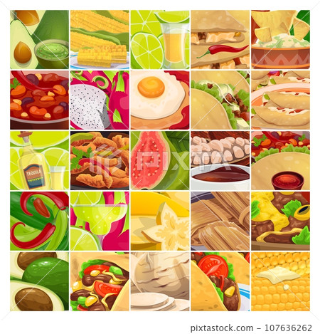 Mexican cuisine food collage of Tex Mex fast food and dishes, vector background. Mexico cooking, meal and drinks collage of burrito, taco and quesadilla with tequila, avocado guacamole and jalapeno 107636262