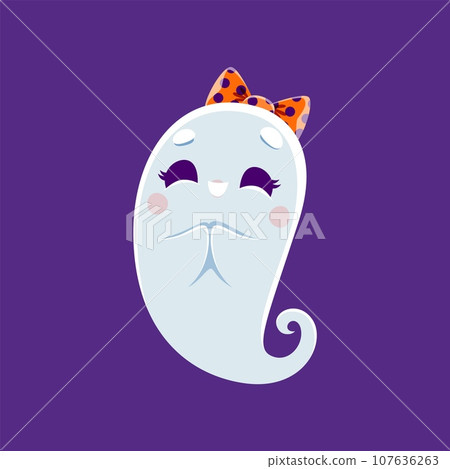 Cartoon cute Halloween ghost, kawaii monster character. Halloween holiday funny monster personage, cheerful baby girl ghost vector character, cute spirit with kawaii face with hair clip 107636263