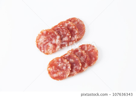Salami sausage white background Salami sausage white background 107636343