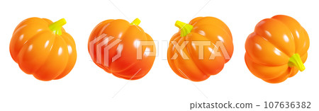 Orange pumpkin with green stem in different angles 3d render illustration set. Autumn ripe vegetable for seasonal design. Cartoon icon of whole fall gourd veggie for thanksgiving or halloween. Orange pumpkin with green stem in different angles 3d render illustration set. Autumn ripe vegetable for seasonal design. Cartoon icon of whole fall gourd veggie for thanksgiving or halloween. 107636382