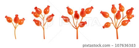 Autumn red rosehip berry branch 3d render illustration set. Cartoon bright colorful stems with ripe plant fruit dog rose for fall or winter season design - botanical element of harvest. Autumn red rosehip berry branch 3d render illustration set. Cartoon bright colorful stems with ripe plant fruit dog rose for fall or winter season design - botanical element of harvest. 107636383