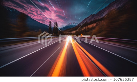 A long exposure photo of a road with light trails, AI 107636397