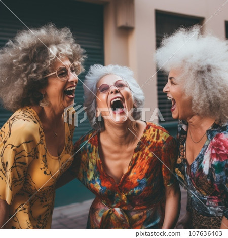 Three women laughing and having fun, AI Three women laughing and having fun, AI 107636403