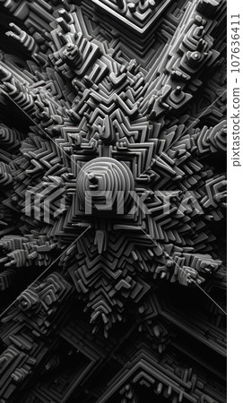 A black and white image of a wall with many different shapes, AI 107636411