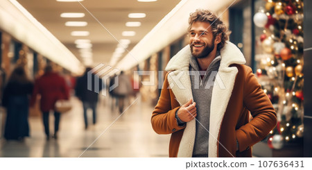 Happy brutal man in glowing shopping center. Buying Christmas gifts, sale, black Friday Happy brutal man in glowing shopping center. Buying Christmas gifts, sale, black Friday 107636431