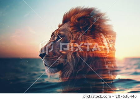 A lion is standing in the water at sunset, AI 107636446