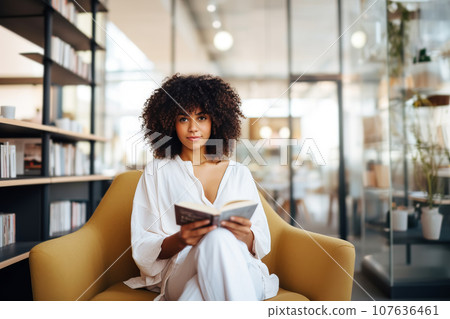 Beautiful African American woman leafing through a book in bookstore sitting in a chair Beautiful African American woman leafing through a book in bookstore sitting in a chair 107636461