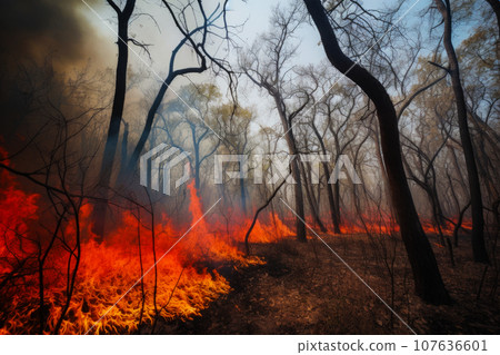 Forest fire. Fire spreads through the forest. Wildfire Forest fire. Fire spreads through the forest. Wildfire 107636601