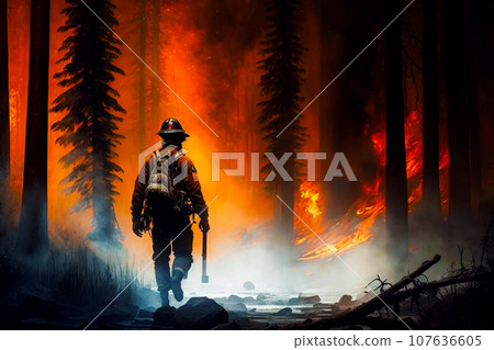 Brave firefighter stands in front of a huge forest fire Brave firefighter stands in front of a huge forest fire 107636605