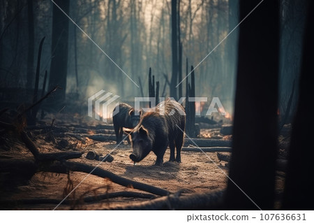 Wild boars against the backdrop of a burning forest 107636631