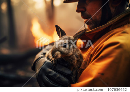 A firefighter or volunteer in a protective suit holds in his arms a rabbit 107636632