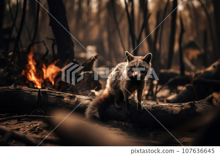 Raccoon against the backdrop of a burning forest 107636645