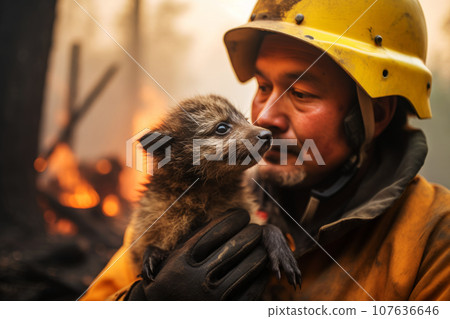 A firefighter or volunteer in a protective suit holds in his arms a bear cub A firefighter or volunteer in a protective suit holds in his arms a bear cub 107636646