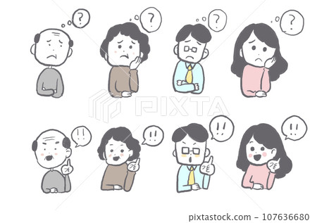 一組煩惱表情和理解表情 107636680