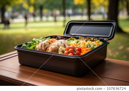 Lunchbox against the backdrop of the park Lunchbox against the backdrop of the park 107636724