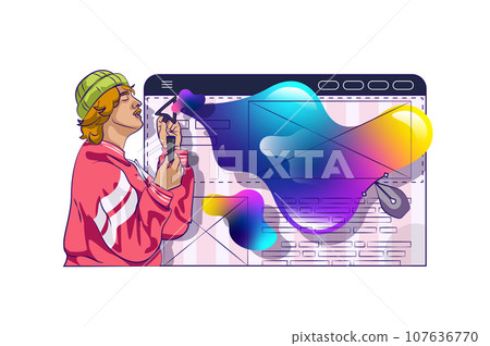 Web design concept with people scene in flat cartoon design for web. Man creating abstract trendy visualization for interface layout. Vector illustration for social media banner, marketing material. 107636770
