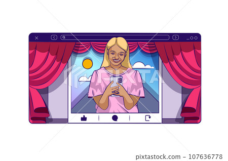Social media concept with people scene in flat cartoon design for web. Woman posts photo, browsing friend news, blogging and influence. Vector illustration for social media banner, marketing material. 107636778