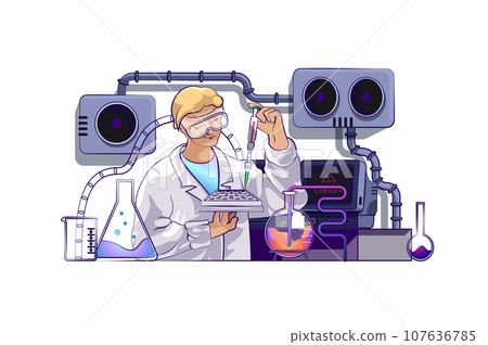 Science laboratory concept with people scene in flat cartoon design for web. Scientist makes chemical test in flasks, working in lab. Vector illustration for social media banner, marketing material. 107636785