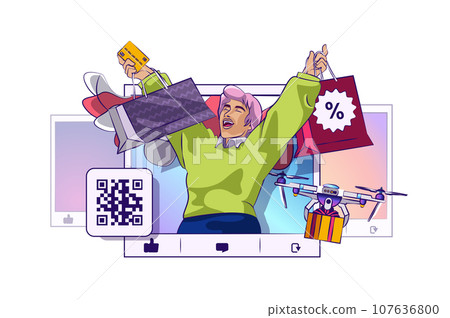 Online shop concept with people scene in flat cartoon design for web. Happy woman with bags making bargain purchases in internet store. Vector illustration for social media banner, marketing material. Online shop concept with people scene in flat cartoon design for web. Happy woman with bags making bargain purchases in internet store. Vector illustration for social media banner, marketing material. 107636800