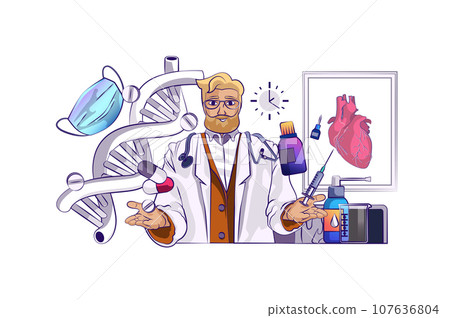 Medical service concept with people scene in flat cartoon design for web. Doctor diagnosis heart, researches dna, makes vaccination. Vector illustration for social media banner, marketing material. Medical service concept with people scene in flat cartoon design for web. Doctor diagnosis heart, researches dna, makes vaccination. Vector illustration for social media banner, marketing material. 107636804