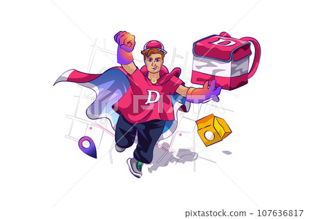 Delivery food concept with people scene in flat cartoon design for web. Courier as hero shipping bag with client order from restaurant. Vector illustration for social media banner, marketing material. Delivery food concept with people scene in flat cartoon design for web. Courier as hero shipping bag with client order from restaurant. Vector illustration for social media banner, marketing material. 107636817
