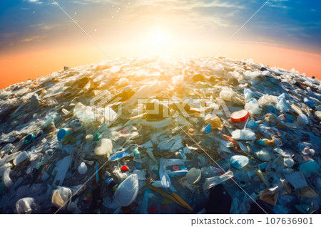 Plastic bottles and other types of plastic waste at sunset. Generative AI Plastic bottles and other types of plastic waste at sunset. Generative AI 107636901