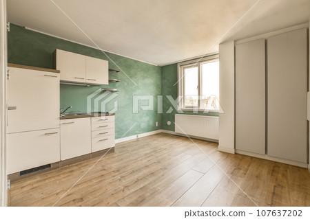 an empty kitchen with green walls and wood flooring in the middle of the room there is a white refrigerator an empty kitchen with green walls and wood flooring in the middle of the room there is a white refrigerator 107637202