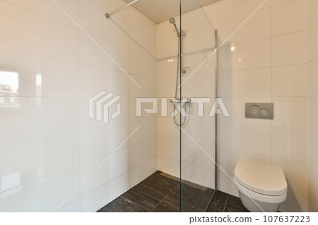 a modern bathroom with white walls and black tiles on the floor, there is a toilet in the corner next to the shower 107637223