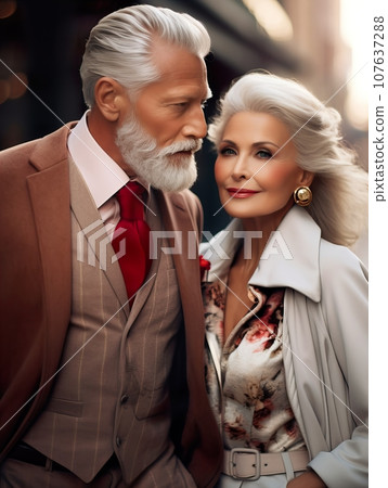 Stylish elegant dressed european couple of elderly people, aged woman and man fashion models in the street, happy lady and gentleman with gray hair 107637288
