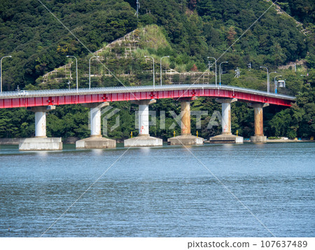 青戶大橋(連接國道27號線和大島半島的犬崎的橋樑)和小浜灣。福井縣大井郡大井町。 青戶大橋(連接國道27號線和大島半島的犬崎的橋樑)和小浜灣。福井縣大井郡大井町。 107637489