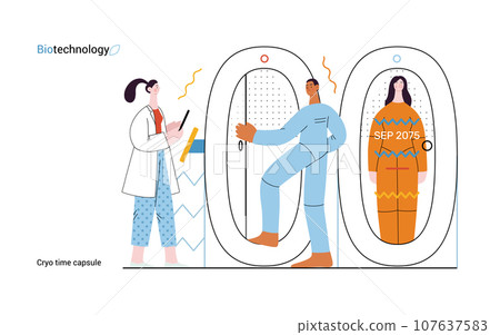 Bio Technology, Cryocapsule Time Freezer -modern flat vector concept illustration of futuristic cryocapsules resembling frozen time vaults. Metaphor of preserving life, time through cryonic technology Bio Technology, Cryocapsule Time Freezer -modern flat vector concept illustration of futuristic cryocapsules resembling frozen time vaults. Metaphor of preserving life, time through cryonic technology 107637583